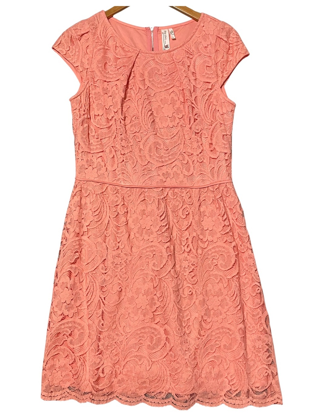 Pink Owl Lace Dress Coral Pink Fit Flare Cap Sleeve Size L